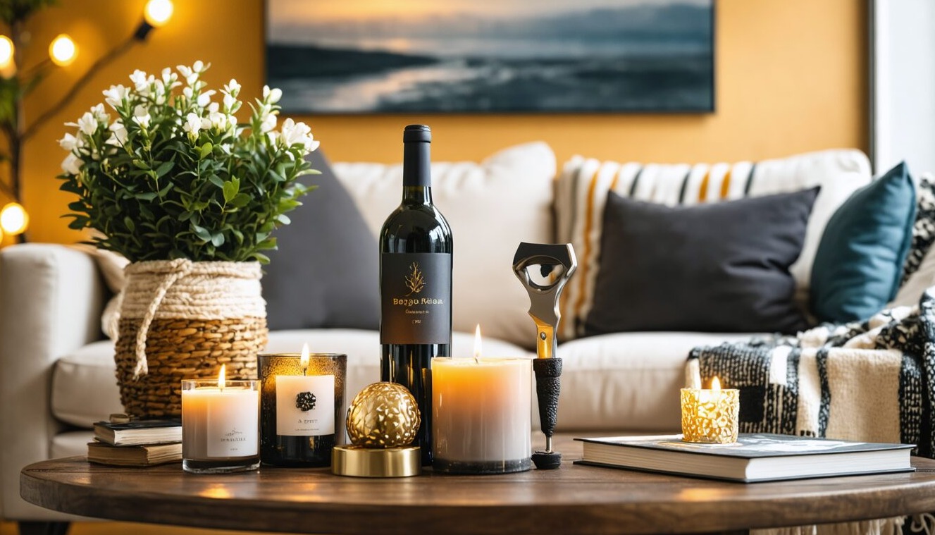 Sélection d’idées cadeaux d’hiver sur une table : textiles, bougies et objets artisanaux