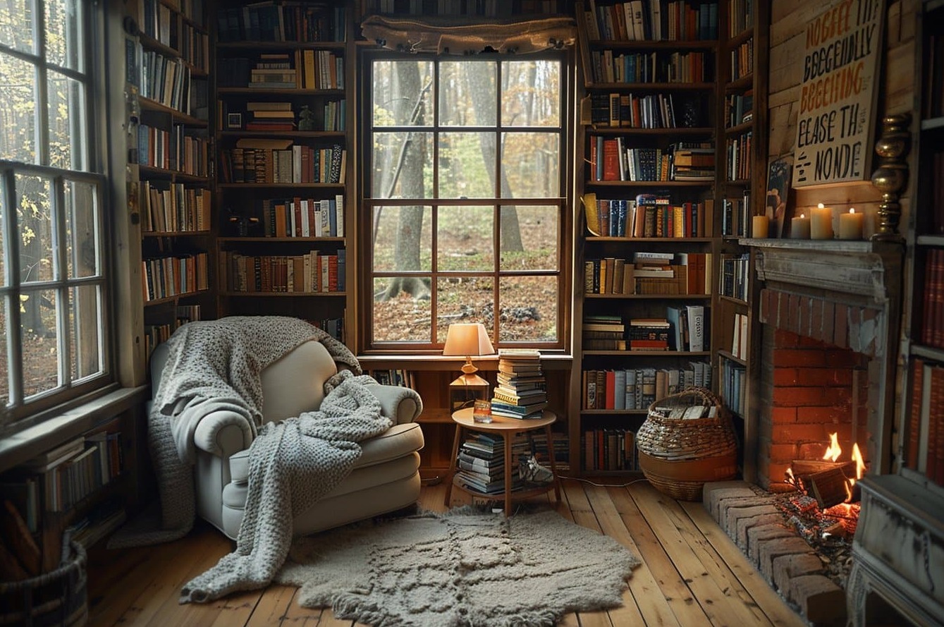 Coin lecture cosy avec plaid, livre et tasse de thé près d’une fenêtre